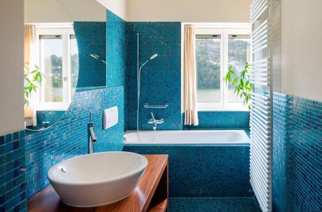 Modern,Blue,Bathroom,Interior,,Overlooking,Nature.,No,One,Inside,Is